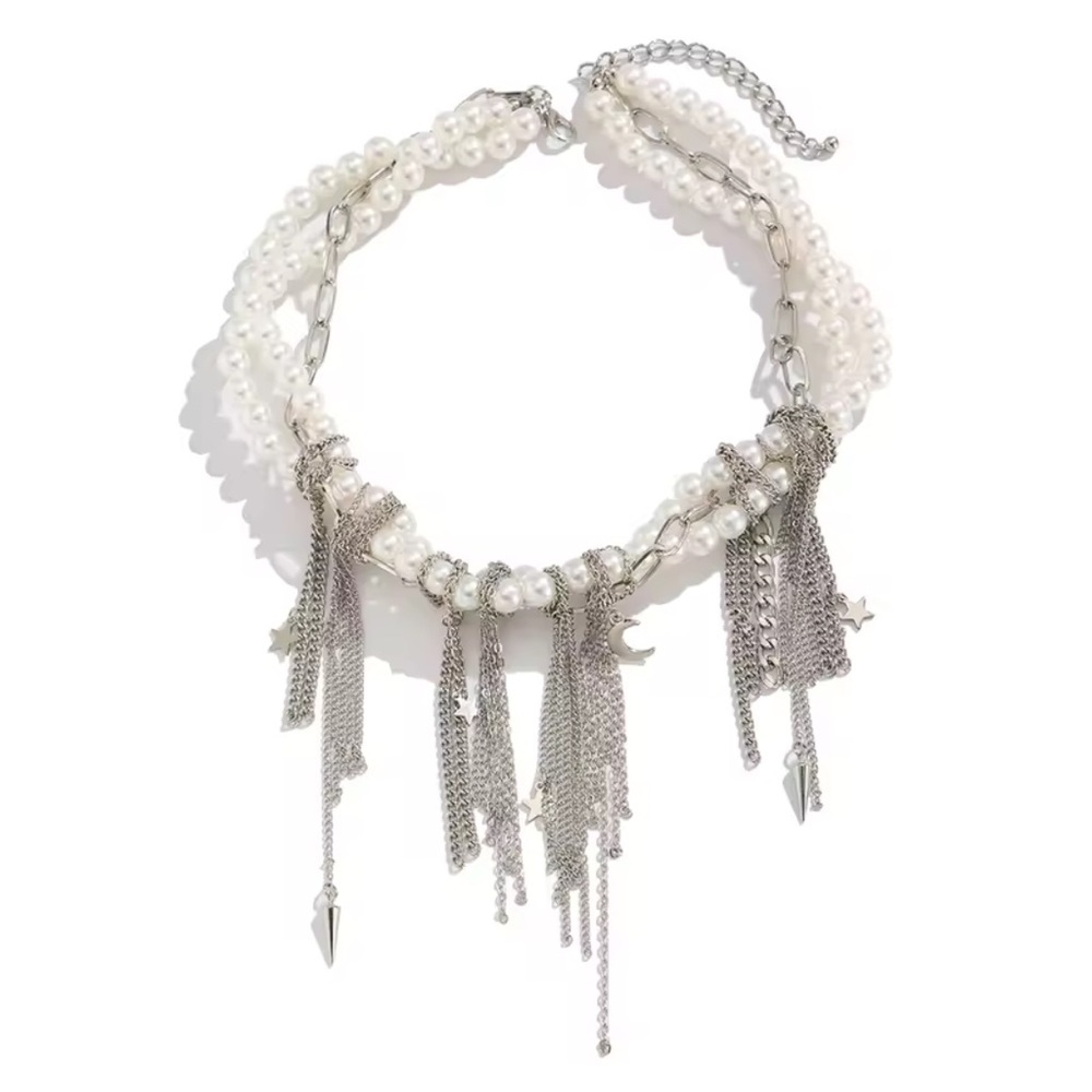 New! Pearl Silver Chain Statement NecklaceLayered Chunky Choker Jewelry